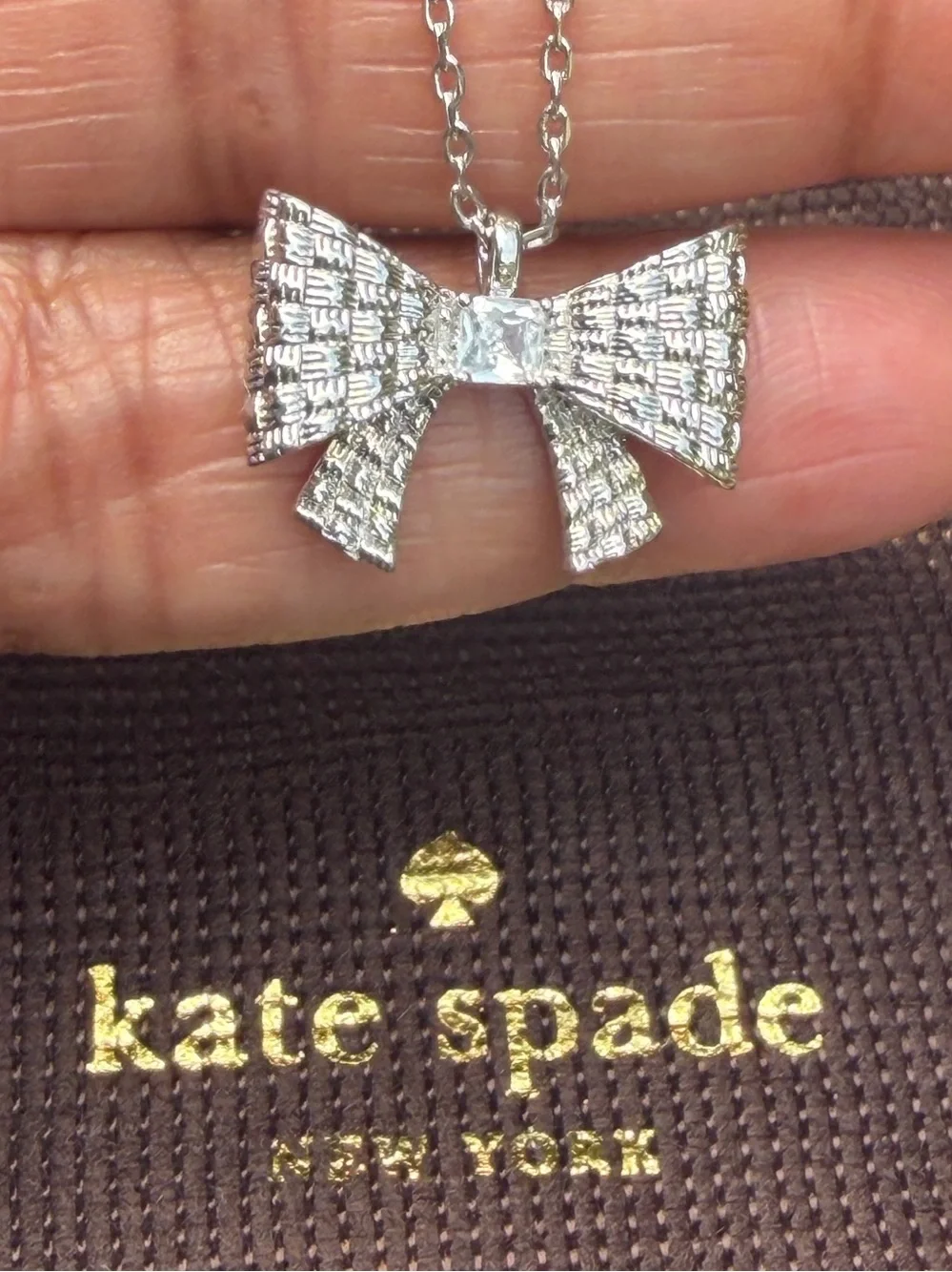kate spade Silver Textured Bow Pendant Necklace With Dust Bag (NWT)